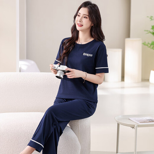 浪莎（LangSha）睡衣女夏季纯棉短袖薄款2025年新款夏天休闲棉可外穿长裤家居服 7374豆沙粉 L 100-120斤