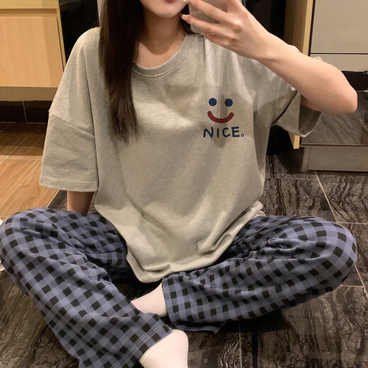 红豆睡衣女2025新款夏季短袖长裤纯棉初中学生女孩大童可爱家居服 6625-桃心小熊--短袖长裤-HZM M 女(高152-158，体重70-95斤)