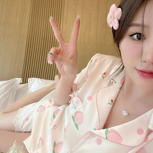 维多利亚的格调冰丝睡衣女夏季薄甜美蕾丝水蜜桃短袖长裤三件套可外穿家居服套装 水蜜桃【短袖+长裤】 9905 XL 【建议115-130斤】