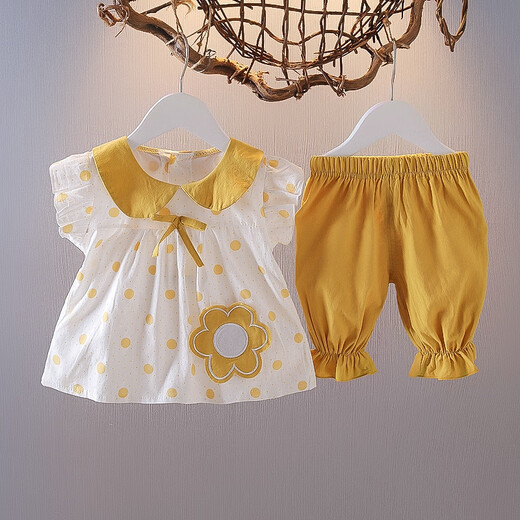 Disney de 03 años Traje de bebé de verano Summer Niña de manga corta Polka Polka delgada de 689 meses Summer de dos piezas Lindo frangipani rosa 80 cm