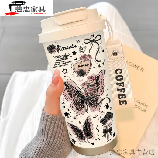 创京懿选网红水杯简约蝴蝶保温杯不锈钢便携双饮咖啡杯2025女吸管水杯子高 BW1047银色蝴蝶+配挂绳 316不锈钢