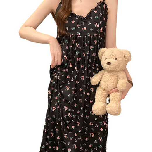 Single Nanwei nightgown with chest pad in summer sexy suspender retro lace feel can be worn outside pajamas for women's dresses home clothes 702# nightgown ink painting in Chinese style XL (115-130)