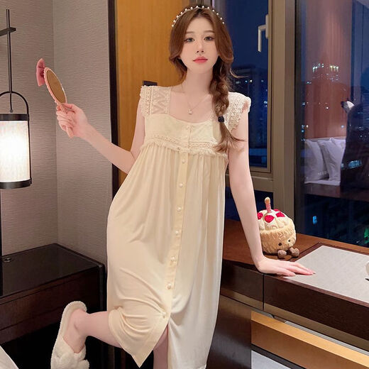 京濮飞夏季莫代尔胸垫睡裙甜美吊带女士 695杏色带胸垫 M  80-100斤