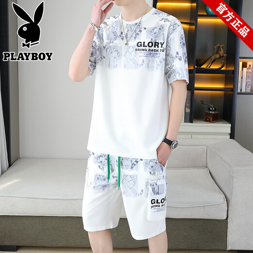 
Playboy brand men's clothing 2025 summer new short-sleeved T-shirt shorts suit versatile casual sports two-piece set gradient 6187 blue L