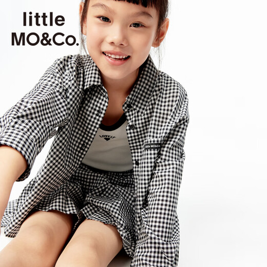Little MO&Co.little moco children's clothing 25 summer clothes girls pure cotton plaid shirt long-sleeved shirt jacket KBE2SHT009 black and white plaid color 130 130/64