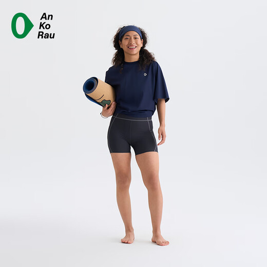 AnKoRau Women's New Yoga Pilates Loose Short-Sleeved T-shirt with Back Slit and Can Be Tie | AnKoRau Navy Blue 69 S