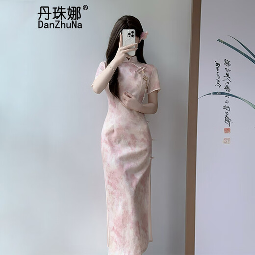 
DanZhuNa (DanZhuNa) yellow new Chinese dress summer new style retro improved cheongsam young temperament long skirt for women summer 9721 pink cheongsam (no accessories) S