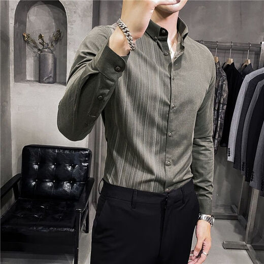 HUALIN FASHION痞帅男士衬衫春秋季潮流修身条纹衬衣2025 GWH-753黑色 L 适合107-127斤以内