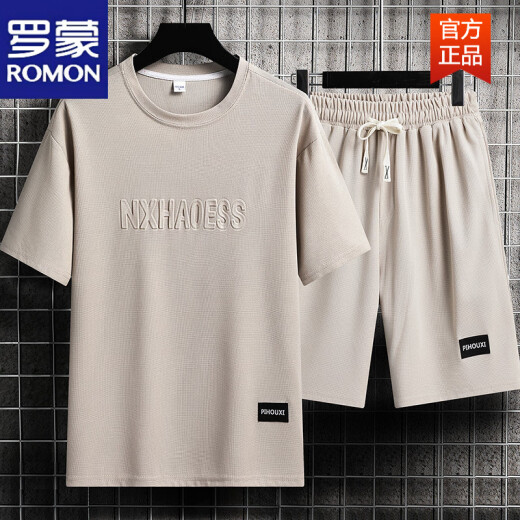 罗蒙（ROMON）男士夏季套装青少年短袖t恤薄款冰丝两件套休闲运动服五分短裤子 套装-TZ829军绿【上衣+裤子】 M 建议90-110斤