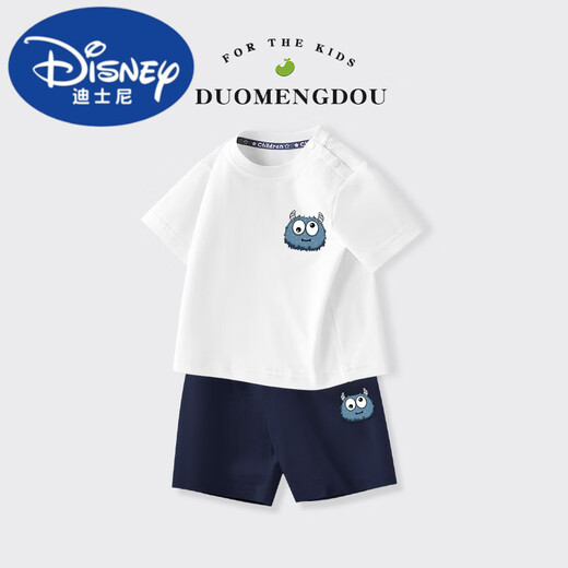 Disney Boys Suit 2025 Summer NUEVO estilo pequeño y mediano tamaño infantil para niños cortos de manga corta de dos piezas de ropa de algodón puro para niños AP14034 White + I13799K azul marino 105