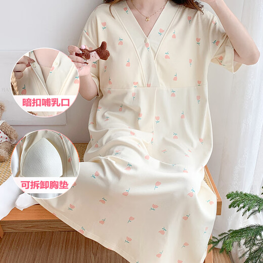 Ou Luxi's summer breastfeeding nightgown short-sleeved maternity confinement suit with chest pads large size pregnant women pajamas long hospitality delivery skirt feeding clothes SSY16803 3XL size recommended weight 148-170Jin [Jin equals 0.5 kg]