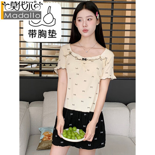 MODAL 2025 Nouveau pyjama sexy pour les femmes en manches courtes du printemps et en été, des poitrine, un ensemble de vêtements pour la maison intégré, WT844 M, modèle féminin [80-100jin [Jin est égal à 0,5 kg]]]