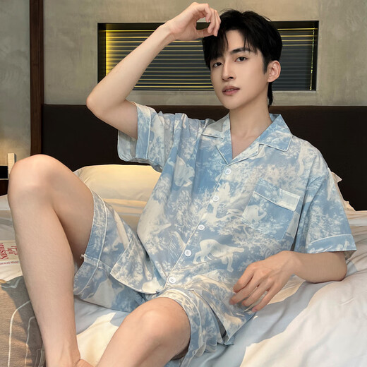 Yalu Bingsi Pajamas Men's 2025 New Summer Short Sleeve Shorts Thin Teenagers Summer Men's Home Suit (sje)804# [Double Short] XL Size Recommended Weight 12014c