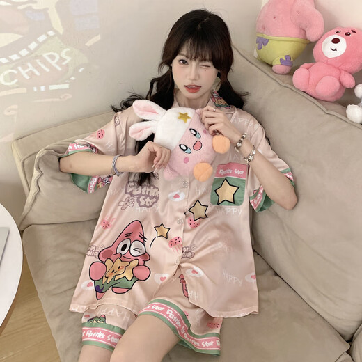 伊蜜魅冰丝睡衣女夏季短袖开衫可爱卡通宽松高级感家居服套装 #FS-2203 #YX-9214 M[75-98]斤 均码