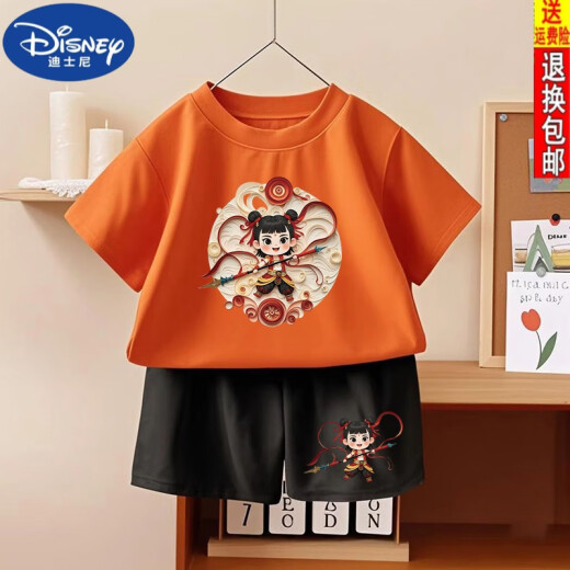 迪士尼（DISNEY）哪吒之魔童闹海男童女童纯棉短袖2025夏季新款儿童短裤套装两件套 1092#后包T酒红+小1098#黑短裤 90