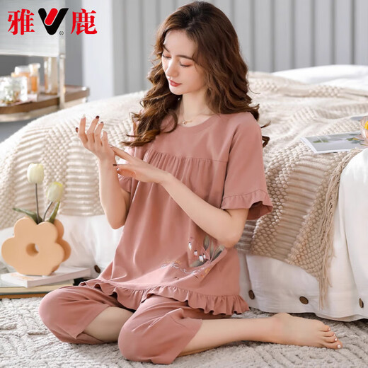雅鹿高档大码睡衣女夏季纯棉短袖七分裤薄款中年妈妈休闲家居服女款 双蓝色NXF-9856纯棉 妈妈套头短 M 【80-100斤】