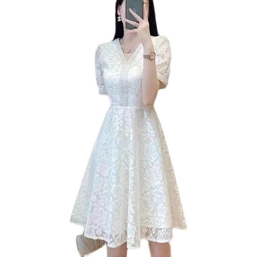 绿夕（REAXUR）温柔风连衣裙子夏天女装2025夏季新款气质衣服蕾丝收腰显瘦高级感 杏色 L （建议108斤-118斤）