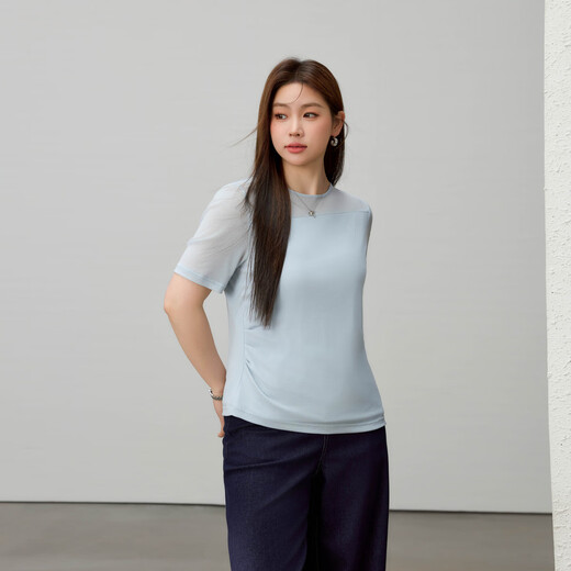 
Fiber show [design-sensing pleated round neck versatile lysel T-shirt] Large size women's fat mm2025 summer new style 1396 light blue 3XL