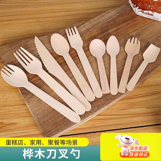 Weimiao Disposable Wooden Spoons and Forks Biodegradable Wooden Knives and Forks Tableware Salad Forks Ice Cream Dessert Trial Cake Spoons 100 14cm Wooden Spoons - Simple Pack
