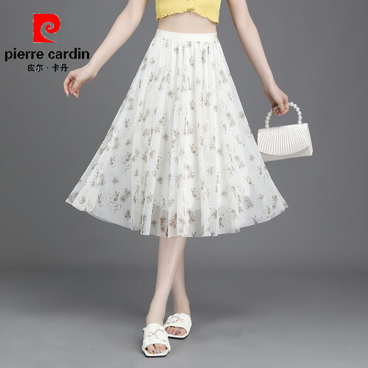 Pierre Cardin 2025 Sommer neuer Blumenrock für Frauen mit kleinem frischem Kurzrock mit großem Sway-Mesh-gedrucktem A-Line Slim Chiffon Midrock New Stoff Chiffon (9906-1) Eine Größe (elastische Taille)