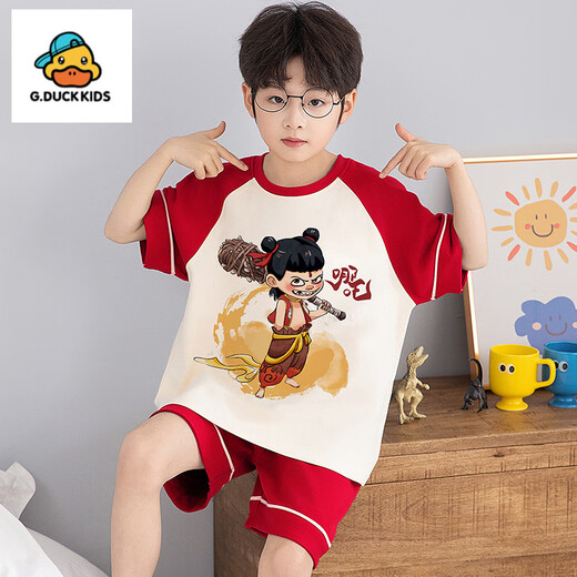 G.Duckkids Little Milk Dragon Kinderpyjamas Junge kurzärmelige reine Baumwolle Sommer Dünne Jungen Cartoon mittelgroße Kinderklimaanlagen-Kleidungsstückset [reine Baumwolle] 690 Kapibala 165 cm