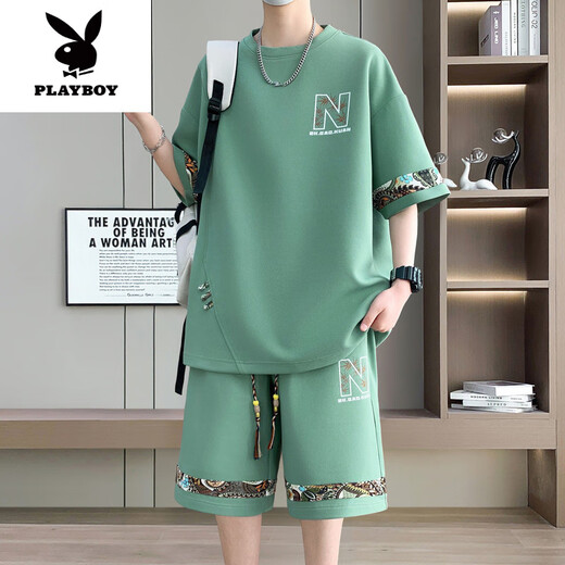 花花公子（PLAYBOY）2025年夏季新款中国风时尚休闲男士套装圆领短袖T恤短裤两件套潮 【短.袖套装】6195 米白色 L (建议115-130斤)