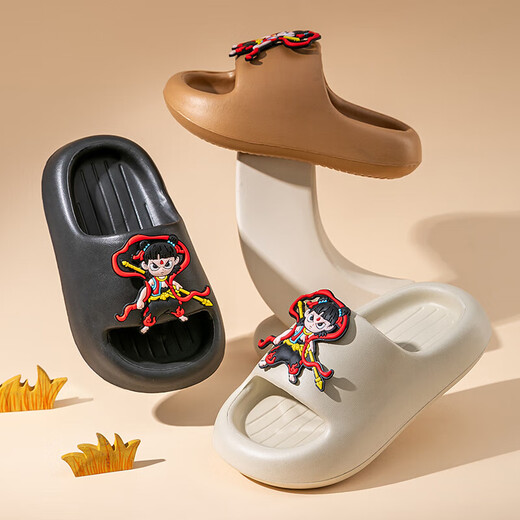 Nezha EVA children's slippers for boys and girls in summer cartoon bathing home bathroom non-slip outdoor baby sandals EVA environmentally friendly soft upgraded version Khaki 36 inner length 20.5cm/small size