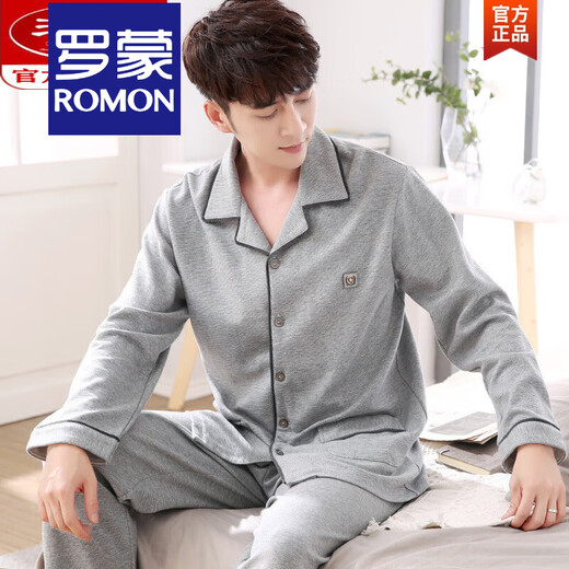 ROMON pajamas men's spring and autumn pure cotton long sleeves can be worn on the outside, full cotton large size thin autumn home clothing set selected high-quality products 834 all over the floor 3XL 185