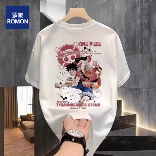 ROMON T-shirt Men's Japanese One Piece Animation Print Print Short Sleeve Men's 2025 Summer Middle-aged and Young Round Neck T-shirt Top C6197-White (220g) Long Fleece Cotton S