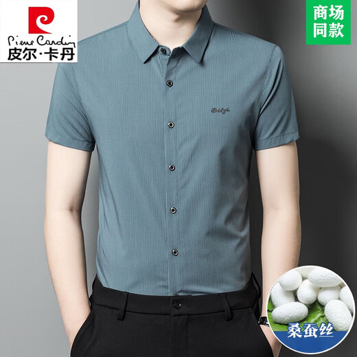 皮尔卡丹（pierre cardin）2025夏季新款高档条纹冰.丝短袖衬衫男含桑蚕丝商务休闲衬衣男装 FC2603款-深灰 3XL 190【适合体重185-220斤】