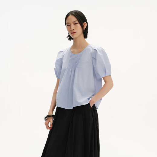 播俏皮减龄泡泡袖衬衫女25夏季新款圆领小A版宽松衬衣DDS2HD5012 B20碧落 M