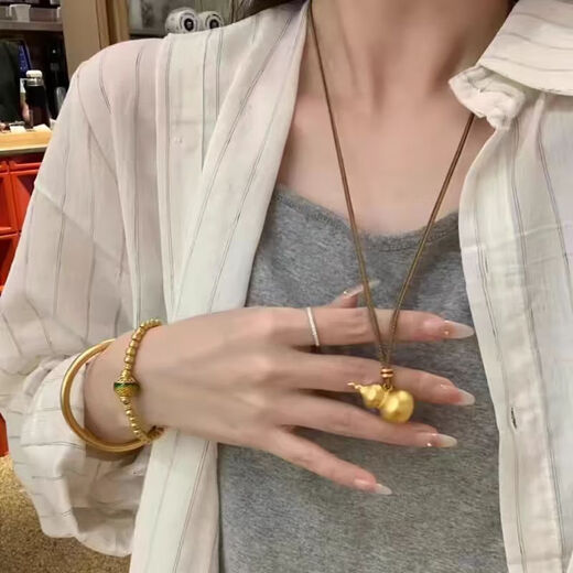 Huaiyin 2025 new 18k gold braided rope Fulu Ankang gourd necklace for men and women, new Chinese style ancient method gourd pendant (brown)