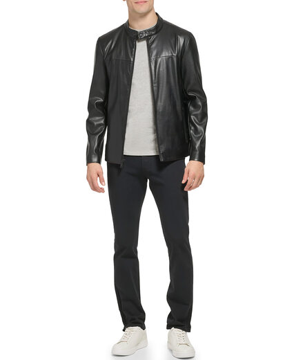 DKNY Men's Faux Laether Modern Racing Jacket Black Smooth Lamb XX-Large