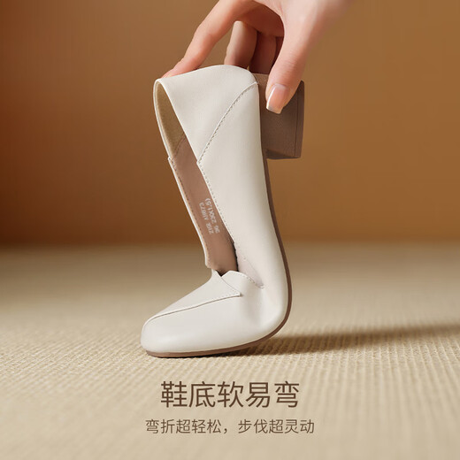 ZHR粗跟单鞋女经典拼接工作皮鞋通勤一脚蹬浅口女鞋软底AH673米色39