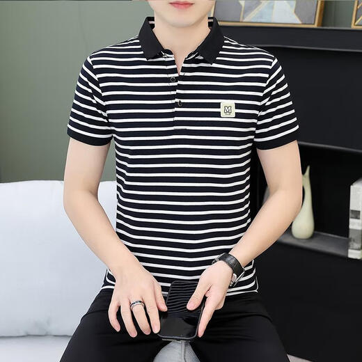夏季条纹男士短袖体恤纯棉休闲百搭polo衫男装中年带 黑白 QY753 2XL 【建议145-160斤】