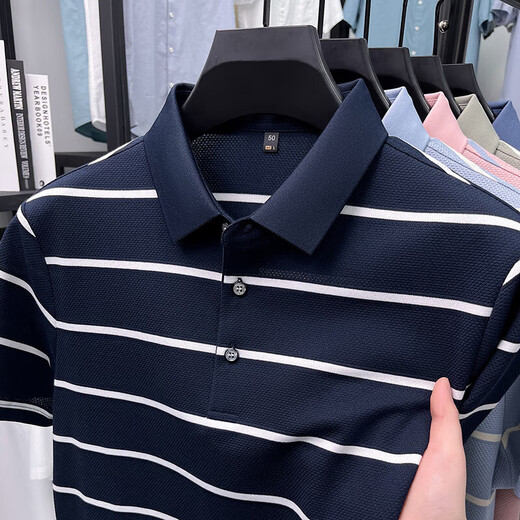 Kangaroo (DaiShu) short-sleeved T-shirt for men 2025 summer trendy striped lapel half-sleeved business casual loose large-size top middle-aged AN15100 light sky blue L