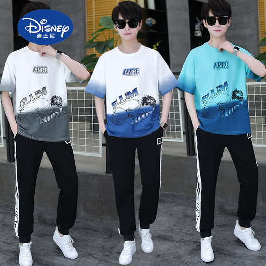 迪士尼（Disney）夏季青少年短袖t恤男孩衣服高中初中学生大童夏装帅气运动套装潮 白灰色 套装TZ9226款 180 XL【100-120斤】