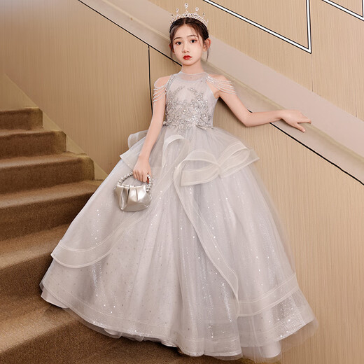思妙星女童晚礼服轻奢小众高端生日花童女孩公主裙儿童主持人钢琴演出服 灰色 150