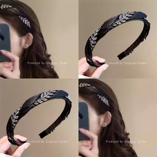 YIZUN. CHOMEL temperament sparkling diamond_fabric rhinestone wheat ear headband for women, high-end, foreign, fashionable, light luxury, high-end headband hair twister, black