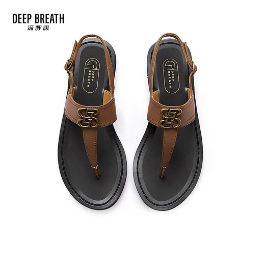 DEEP BREATH Deep Breath Women's Shoes Cowhide T-String Flat-Soled Vacation Style Fit Sandals Women's Shoes AX14117 Brown 37