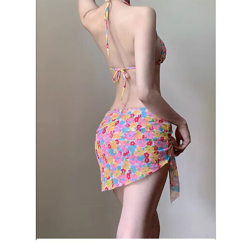 巧丂比基尼女泳衣泡温泉性感显瘦分体保守四件套纯欲长袖防晒度假泳衣 粉色四件套泳衣（70-120斤）