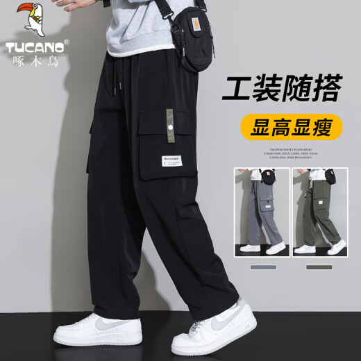 啄木鸟冰丝工装裤男士2025新款青年男裤夏季薄款宽松直筒休闲裤子男款 9930灰色 薄款 8XL 【建议280-300斤穿】