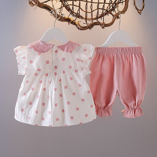 Disney de 03 años Traje de bebé de verano Summer Niña de manga corta Polka Polka delgada de 689 meses Summer de dos piezas Lindo frangipani rosa 80 cm