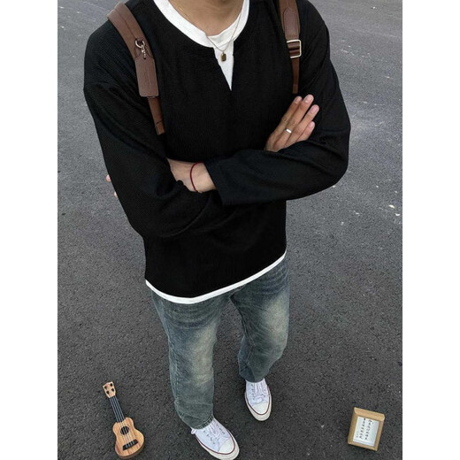 S.SOFEA niche fake two-piece collar long-sleeved shirt men's spring and autumn waffle base sweatshirt basic heavy henley shirt black XL 130-160Jin Jin equals 0.5 kg
