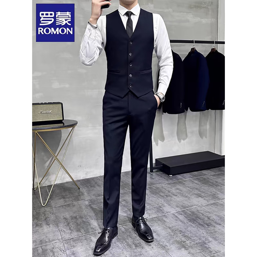 
Romon Suit Vest Suit Set Men's Wedding Groomsmen's Group Dress Business Casual Large Size Workwear Vest Professional Outfit LT8801 Black Vest 2XL (180)