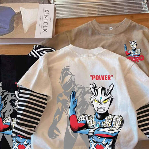 Guanmao Pei Cartoon Cotton T-Shirt Boy Basis Frühlings- und Herbstkinder zweiteiliger gefälschter langärmeliger Junge Bao Guangzhou 13 Reihen Spleiß Baumwolle lose C983 Weiß One Size 110