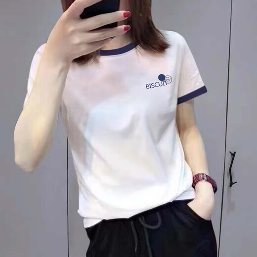 
With pure YISHION white short-sleeved 2025 new European summer pure cotton T-shirt for women, versatile loose and slim and simple ins trendy KC693 blue collar M