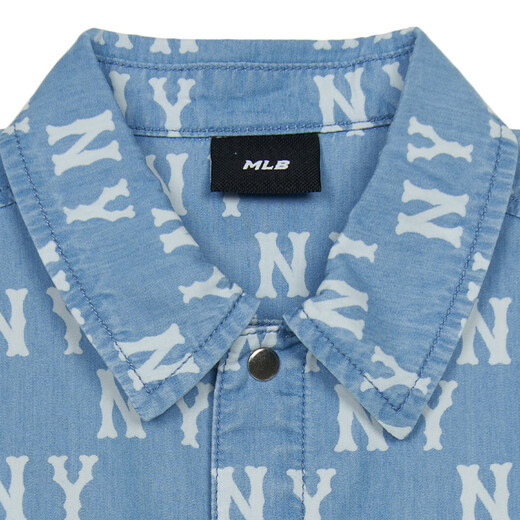 MLB Children's Official Boys and Girls Trendy Luxurious and Fashionable Lapel Full Print Presbyopic Denim Shirt Spring and Summer Style Blue 140 cm