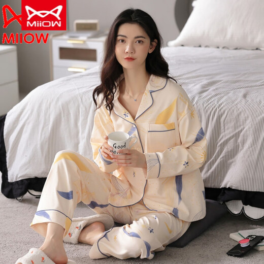 猫人 MIIOW纯纯棉睡衣女士春秋款年新款长袖全纯棉可外穿家居服薄款套装 LF9214 XL
