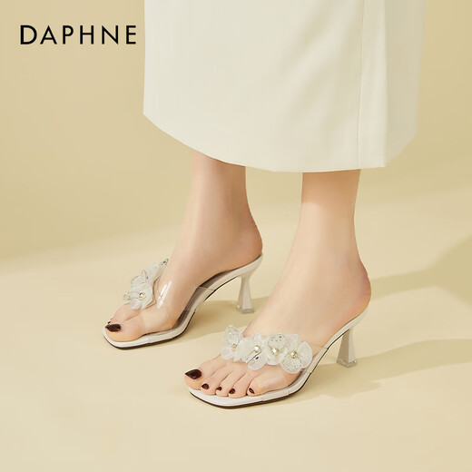 达芙妮（DAPHNE）露趾细跟拖鞋女外穿夏季时尚仙女风气质高跟鞋女凉拖女 米色  36 